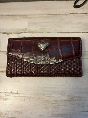 Woven Brown Leather Clutch with Silver Heart Accent